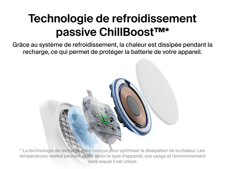 Socle de recharge 2-en-1 aimanté et pliable Belkin UltraCharge avec Qi2 25 W et technologie de refroidissement passive ChillBoost™ pour une meilleure dissipation de la chaleur et une protection de la batterie lors de la recharge.