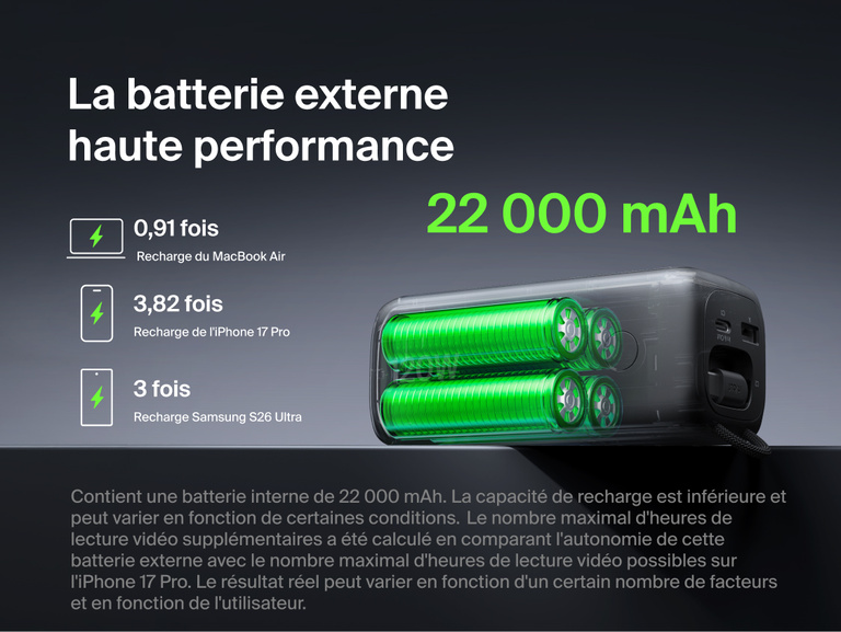 Image d'une batterie externe 22K UltraCharge avec c&acirc;ble r&eacute;tractable rechargeant simultan&eacute;ment deux&nbsp;ordinateurs portables sur un bureau, mettant en avant la recharge rapide de 120&nbsp;W permettant de recharger un MacBook Air ou un iPhone de z&eacute;ro &agrave; 50&nbsp;% en moins de 30&nbsp;minutes.