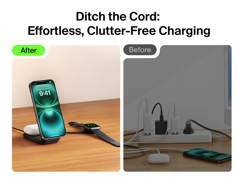 Belkin UltraCharge 2-in-1 Foldable Magnetic Charger with Qi2 25W offers a clutter-free alternative to messy cords by wirelessly charging iPhone, AirPods, and Apple Watch in one sleek setup.