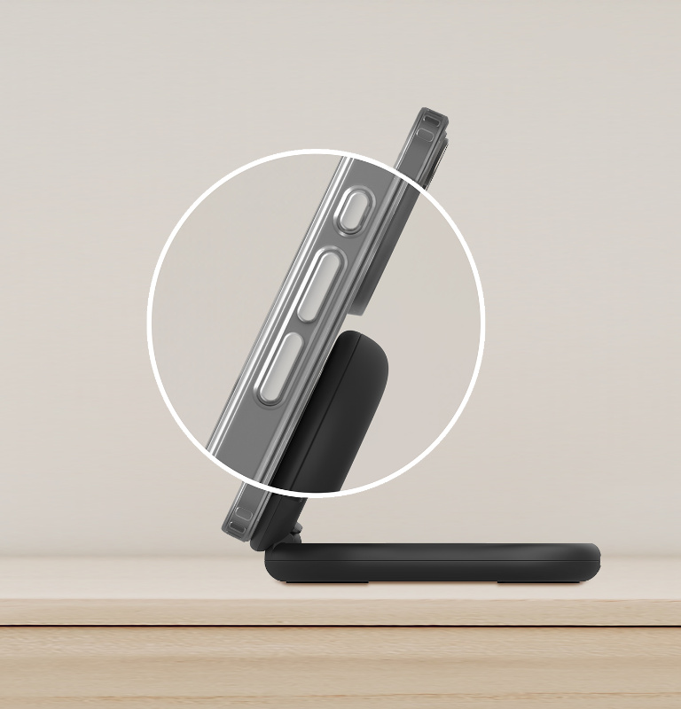 Cargador de Belkin compatible con MagSafe, soporte magnético de carga inalámbrica plegable de 15 W BoostCharge, cargador compatible con MagSafe y Qi2, iPhone Series 15, 14 y 13, admite el modo En Reposo, fuente de alimentación incluida