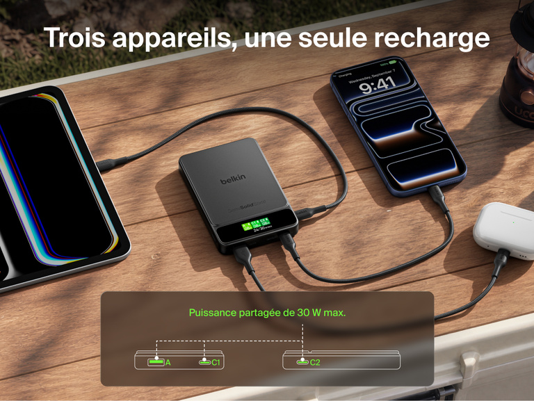 Image da batterie externe Belkin&nbsp;UltraCharge&nbsp;Pro&nbsp;10K avec BoostSolid&nbsp;Cell en train de recharger une tablette, un smartphone et des &eacute;couteurs sans fil en m&ecirc;me temps, avec une puissance partag&eacute;e de 30&nbsp;W.