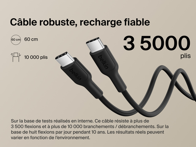 Belkin BoostCharge Slim Magnetic Power Bank 5K shown with durable USB-C to USB-C cable designed for 3,500+ bends and reliable long-lasting charging performance.