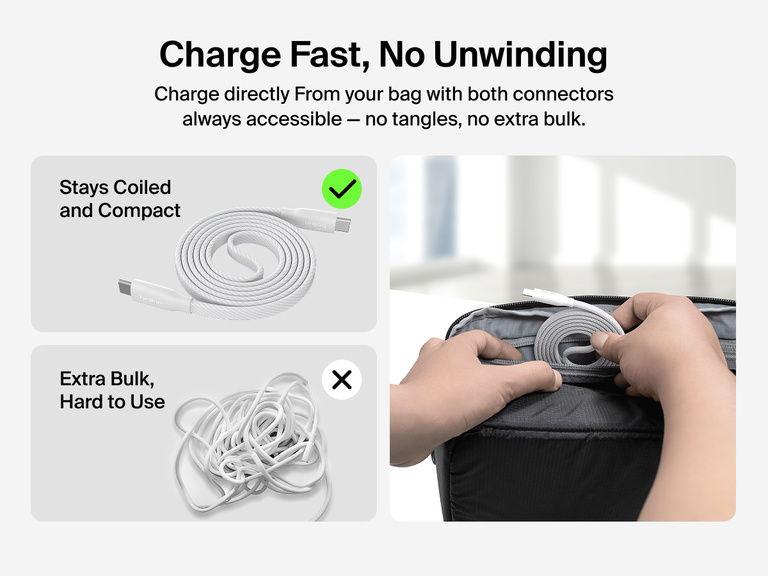 Belkin BoostCharge Pro Magnetic USB-C Cable 240W stays coiled and compact for tangle-free charging, allowing easy access and fast power without unwinding.