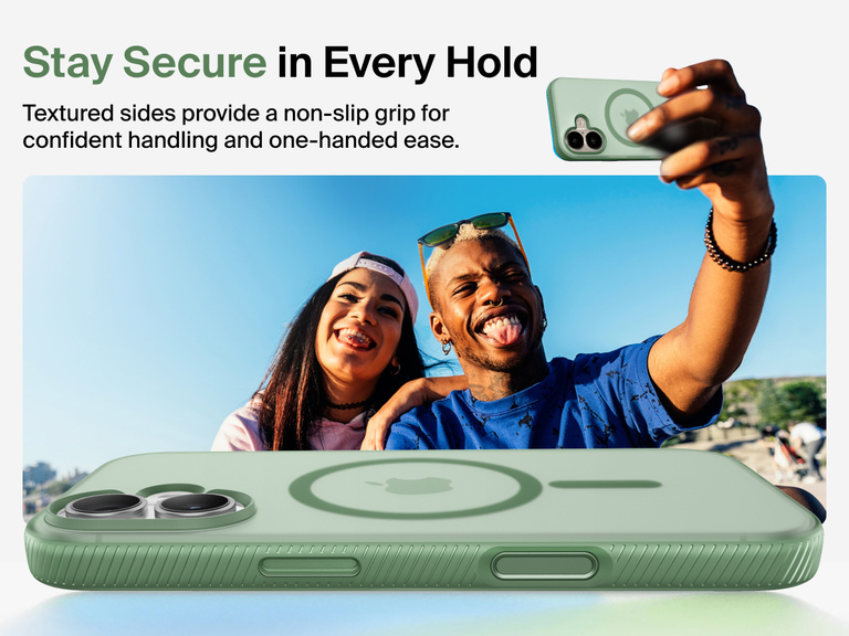 Belkin SheerForce Grip Series Case for iPhone 17 with military-grade drop protection and textured non-slip grip.