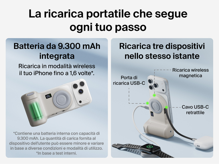 Belkin Stage PowerGrip compatibility chart showing support for iPhone 12 and later, Google Pixel 10 and later, USB-C devices like AirPods and Galaxy, and tripods with 1/4-inch mounts.