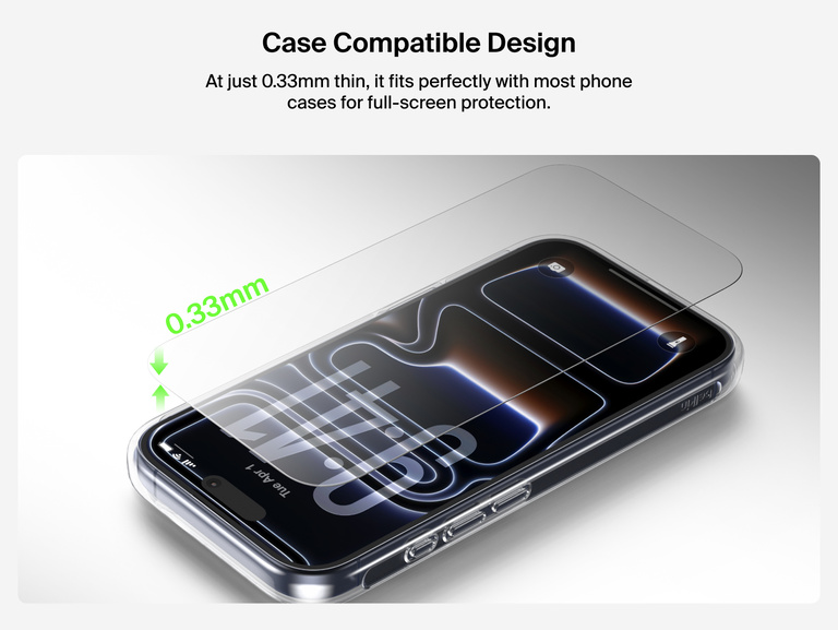 Belkin ScreenForce TemperedGlass Screen Protector with ultra-thin 0.33mm case-compatible design for full-screen protection and seamless fit with most phone cases.