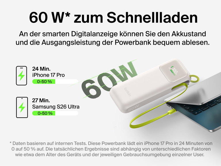 Die &zwnj;UltraCharge Powerbank 11K mit einziehbarem Kabel ist mit einem Laptop verbunden und veranschaulicht das schnelle Laden mit 60 W, bei dem ein Smartphone in weniger als 30 Minuten von 0 auf 50 Prozent geladen wird.