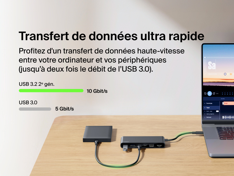 Hub USB-C Belkin Connect &agrave; 8&nbsp;ports dont un port Ethernet 2,5&nbsp;Gbit/s connect&eacute; &agrave; un ordinateur portable et &agrave; un disque dur externe, illustrant les performances du port USB&nbsp;3.2 (2<sup>e</sup>&nbsp;g&eacute;n.) avec des transferts de donn&eacute;es ultrarapides de 10&nbsp;Gbit/s.