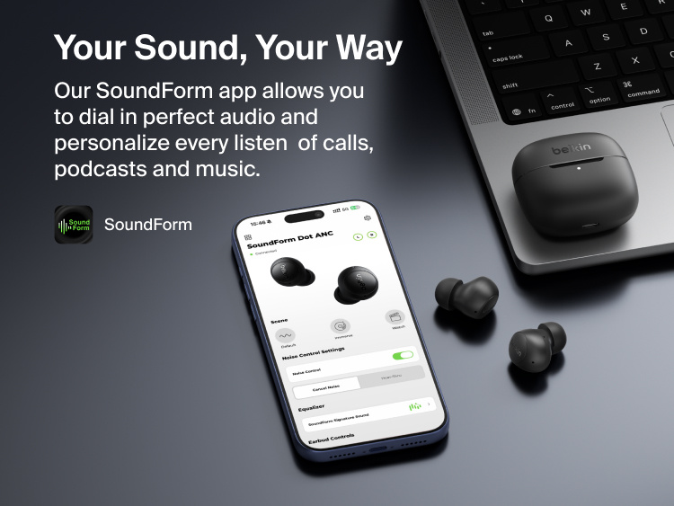 SoundForm Dot ANC Noise-Cancelling Earbuds connected to the SoundForm app on a smartphone, with the earbuds and charging case resting nearby on a desk