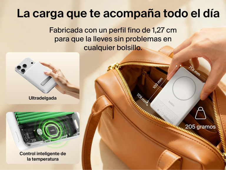 Slim Magnetic Power Bank 10K with Qi2 placed inside bag showing compact size and portability with dimension callouts