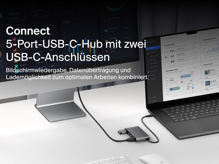 Belkin Connect 5-Port USB-C Hub with Dual USB-C Ports shown on a desk connecting a laptop and monitor for display, data transfer, and charging.