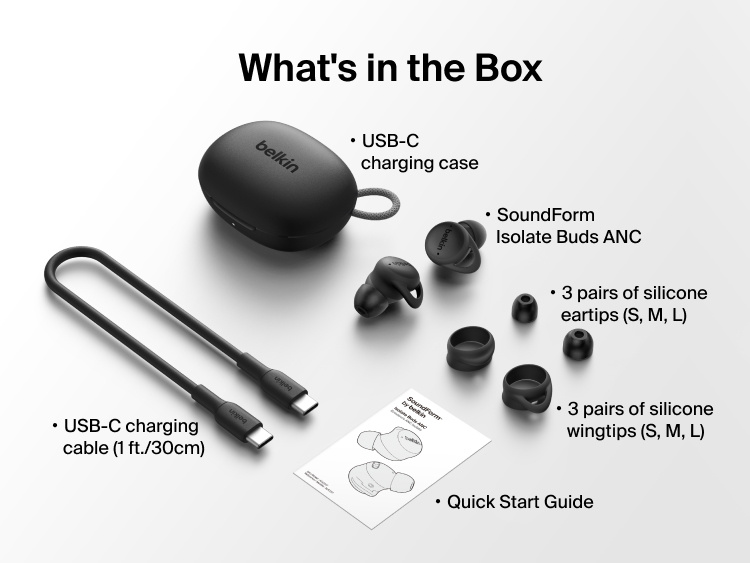 SoundForm Isolate Buds ANC packaging contents laid out, including the earbuds, charging case, USB-C cable, interchangeable eartips and wingtips, and quick start guide