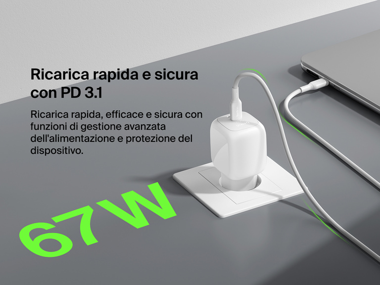 Immagine del doppio caricabatteria da parete GaN USB-C da 67 W BoostCharge Pro Belkin che mostra la ricarica PD 3.1 rapida e sicura, con gestione avanzata dell'alimentazione per una protezione efficace del dispositivo.