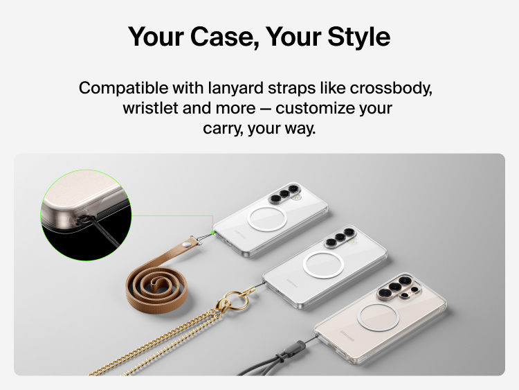 Belkin SheerForce Clear Series Case for Samsung Galaxy S26 shown with lanyard attachment point, compatible with crossbody and wristlet straps for customizable, hands-free phone carry.
