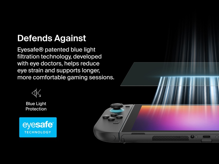 A promotional graphic titled “Defends Against Blue Light” showcasing Belkin’s Eyesafe® Technology. On the right, a close-up of a Nintendo Switch 2 shows a screen protector filtering harsh blue light. On the left, text explains that the patented blue light filtration, developed with eye doctors, reduces eye strain for more comfortable, longer gaming sessions. Below the text are the Eyesafe® logo and a blue light protection icon.