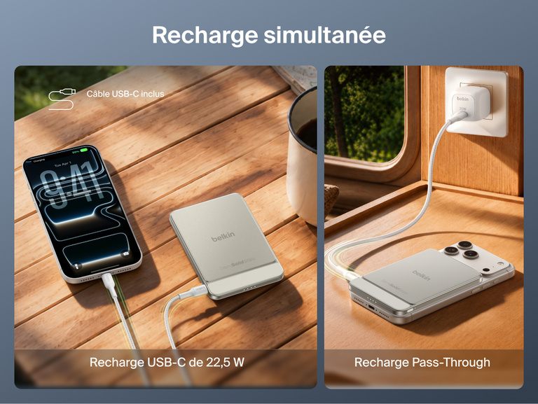 Image de la batterie externe magn&eacute;tique Belkin&nbsp;UltraCharge&nbsp;Pro&nbsp;Slim&nbsp;5K avec BoostSolid&nbsp;Cell d&eacute;montrant une recharge USB-C de 22,5&nbsp;W tout en rechargeant simultan&eacute;ment un smartphone.