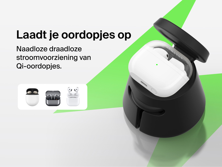 Afbeelding van een Belkin UltraCharge modulair laadstation met Qi2 25W dat Qi-oordopjes draadloos oplaadt en waarop het modulaire karakter en de naadloze werking zonder kabels benadrukt worden.