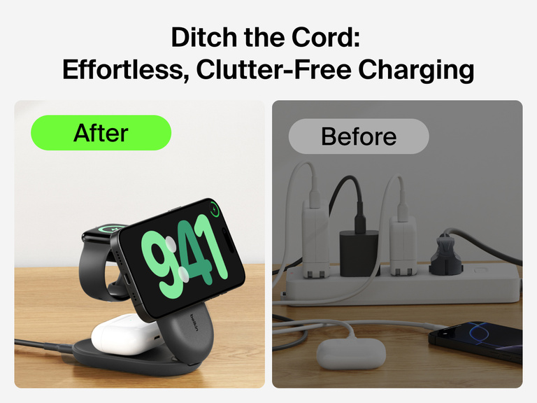Belkin UltraCharge 3-in-1 Foldable Magnetic Charger with Qi2 25W shown delivering clutter-free charging for multiple devices compared to a tangled wired setup.