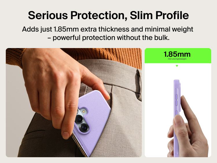 Belkin SheerForce Protect Series Case for Samsung Galaxy S26 shown in hand with an ultra-slim 1.85 mm profile, delivering lightweight everyday protection without added bulk.