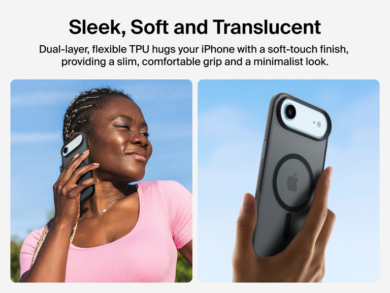 Belkin SheerForce Grip Series Case for iPhone 17 with slim translucent design and soft-touch finish for a comfortable grip.