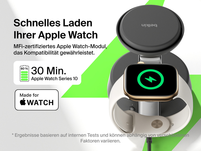 Die Belkin UltraCharge Pro magnetische 3-in-1-Ladestation mit Qi2 25W lädt die Apple Watch Series 10 mit einem MFi-zertifizierten Lademodul in 30 Minuten auf 80 % auf.