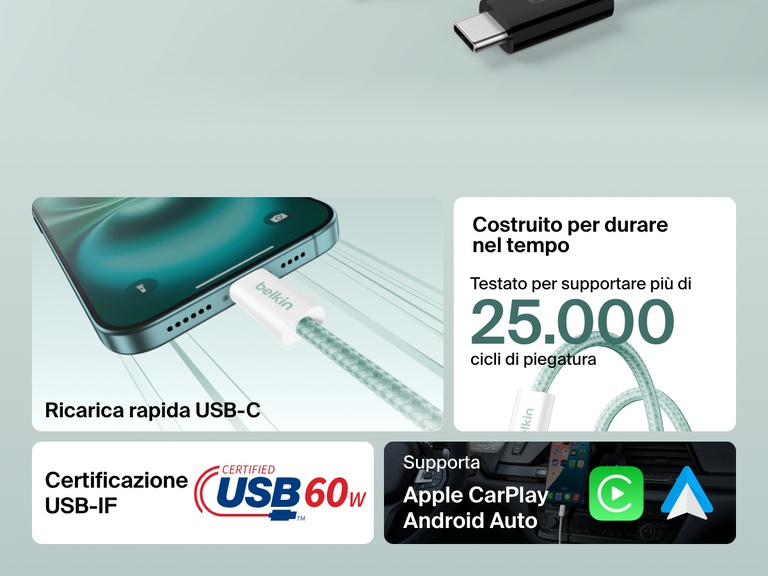Infografica del cavo da USB-C a USB-C da 60 W Belkin BoostCharge ricco di funzionalità, tra cui certificazione USB-IF, resistenza a più di 25.000 piegamenti, ricarica rapida e compatibilità con Apple CarPlay e Android Auto.