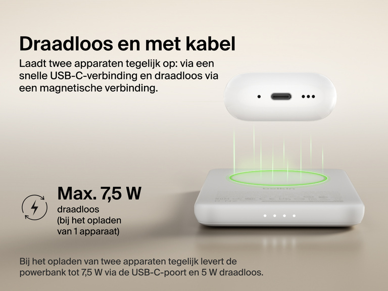 Belkin BoostCharge Slim Magnetic Power Bank 5K shown wirelessly charging earbuds, demonstrating 7.5W max magnetic wireless charging for single-device power.