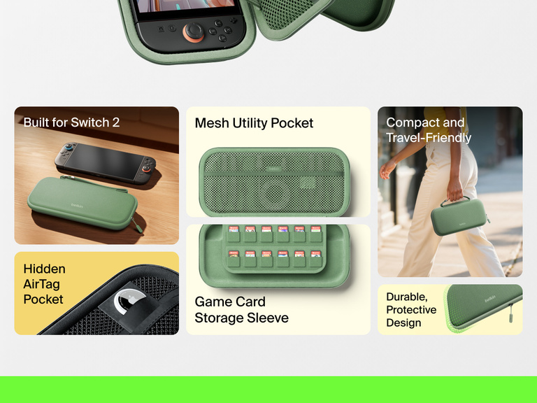 Infographic highlighting the Belkin Gaming Travel Case for Nintendo Switch 2 with features like a mesh utility pocket, game card sleeve, hidden AirTag pocket, and compact, durable design.