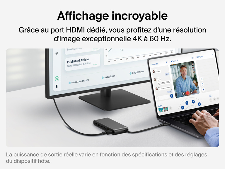 Hub USB-C Belkin Connect &agrave; 8&nbsp;ports dont 1&nbsp;port Ethernet 2,5&nbsp;Gbit/s connect&eacute; &agrave; un ordinateur portable et un moniteur externe via le port HDMI, affichant des images 4K &agrave; 60&nbsp;Hz pour une exp&eacute;rience visuelle immersive.