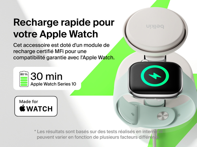 Station de recharge aimantée 3-en-1 Belkin UltraCharge Pro avec Qi2 (25 W) offrant une recharge rapide pour Apple Watch Series 10 de zéro à 80 % en 30 minutes grâce à la compatibilité certifiée MFI.