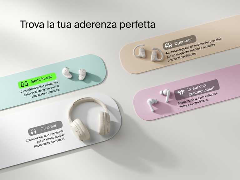 Belkin SoundForm Anywhere Wireless Earbuds shown as a semi in-ear fit option alongside open-ear, in-ear with eartips, and over-ear styles for the perfect fit.