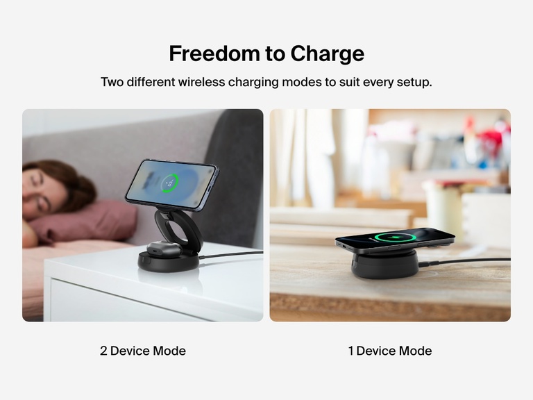 Belkin BoostCharge 2-in-1 Convertible Magnetic Charging Stand with Qi2 15W offers dual-device and single-device wireless charging modes for flexible use at home or on the go.