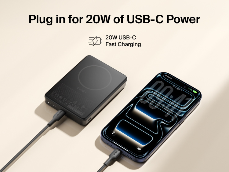Belkin BoostCharge Slim Magnetic Power Bank 10K delivering 20W USB-C fast charging to a smartphone via cable alongside portable battery design