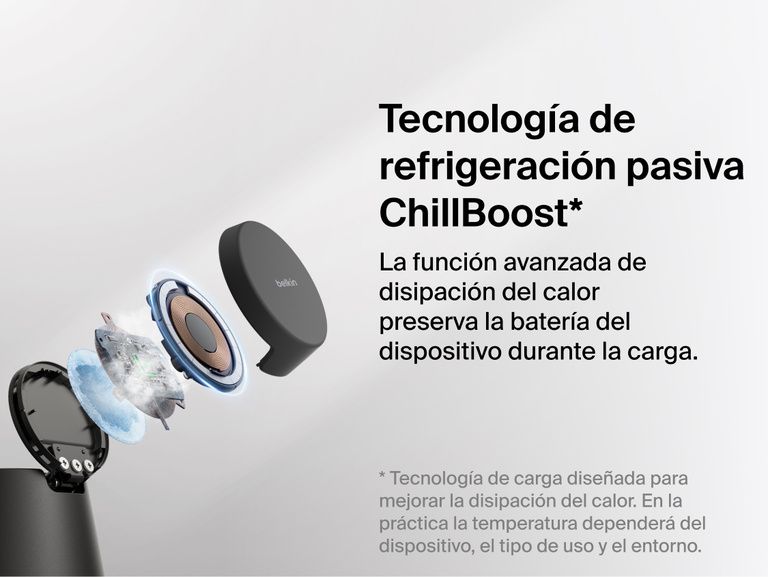 La estaci&oacute;n de carga modular con Qi2 de 25 W Belkin UltraCharge incluye tecnolog&iacute;a de refrigeraci&oacute;n pasiva ChillBoost dise&ntilde;ada para mejorar la disipaci&oacute;n del calor y contribuir a la preservaci&oacute;n de las bater&iacute;as de los dispositivos mientras estos se recargan por carga r&aacute;pida inal&aacute;mbrica.