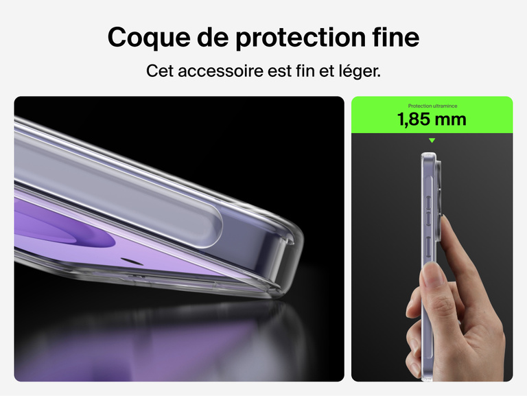 Belkin SheerForce Clear Series Case for Samsung Galaxy S26 shown in side profile, highlighting a slim 1.85 mm design that adds minimal thickness while delivering durable, everyday phone protection.