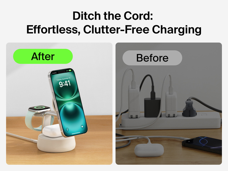 Belkin UltraCharge Pro 3-in-1 Magnetic Charging Dock with Qi2 25W provides effortless, clutter-free charging by replacing multiple cables with one sleek wireless solution for iPhone, Apple Watch, and AirPods.