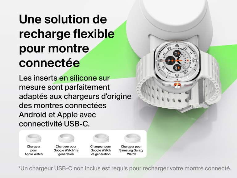 Image de la station de recharge modulaire Belkin UltraCharge avec Qi2 25&nbsp;W dot&eacute;e d'un module de recharge pour montres connect&eacute;es avec inserts interchangeables compatibles avec les chargeurs USB-C de l'Apple&nbsp;Watch, Google&nbsp;Watch et Samsung&nbsp;Galaxy&nbsp;Watch.