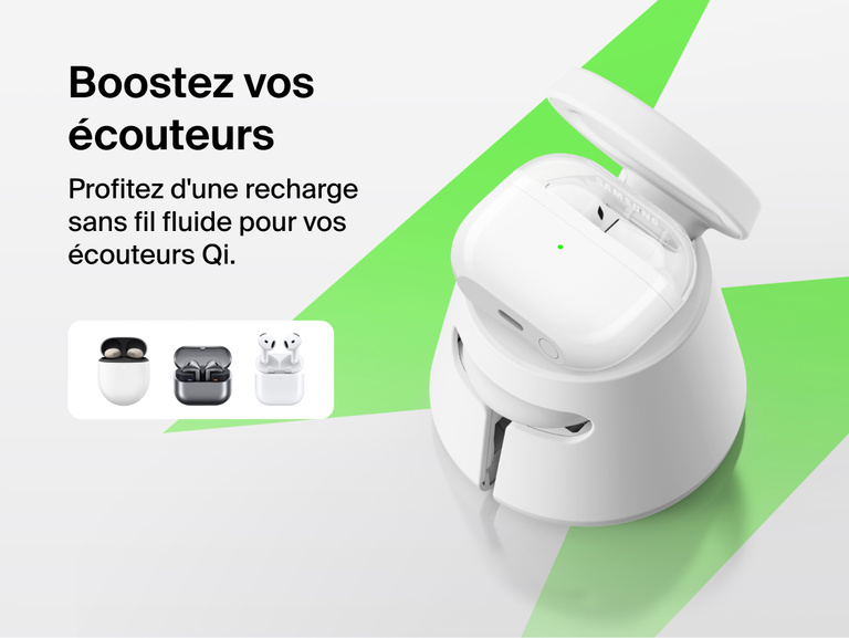 Image de la station de recharge modulaire Belkin UltraCharge avec Qi2 25&nbsp;W rechargeant des &eacute;couteurs sans fil Qi, et dot&eacute;e d'un design sans c&acirc;ble pour une recharge quotidienne des appareils mobiles.