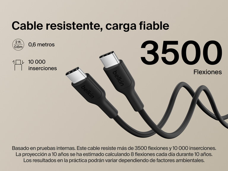 Belkin BoostCharge Slim Magnetic Power Bank 5K shown with durable USB-C to USB-C cable designed for 3,500+ bends and reliable long-lasting charging performance.