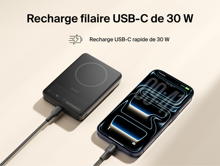 Slim Magnetic Power Bank 10K with Qi2 connected via USB-C cable delivering fast charging to smartphone