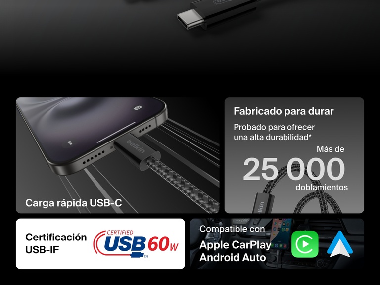 Infografía mostrando el cable USB-C a USB-C de 60 W Belkin BoostCharge con características como la certificación USB-IF, la durabilidad frente a los doblamientos de más de 25 000 ciclos, la carga rápida y la compatibilidad con Apple CarPlay y Android Auto.
