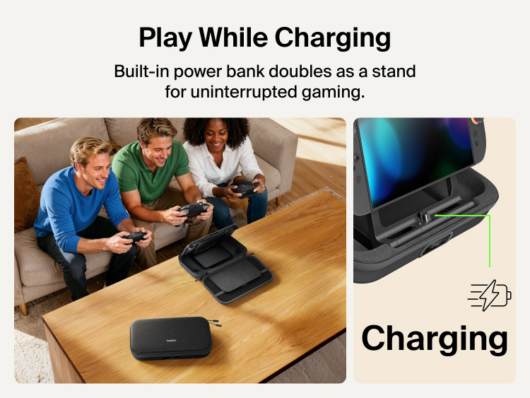 Belkin Gaming Charging Case Pro for Nintendo Switch 2 shown playing while charging with built-in power bank stand enabling uninterrupted tabletop gameplay.