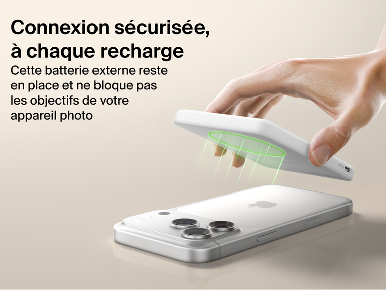 Belkin BoostCharge Slim Magnetic Power Bank 5K with Qi2 featuring a secure magnetic ring that aligns accessories and attaches firmly without obstructing the phone camera.