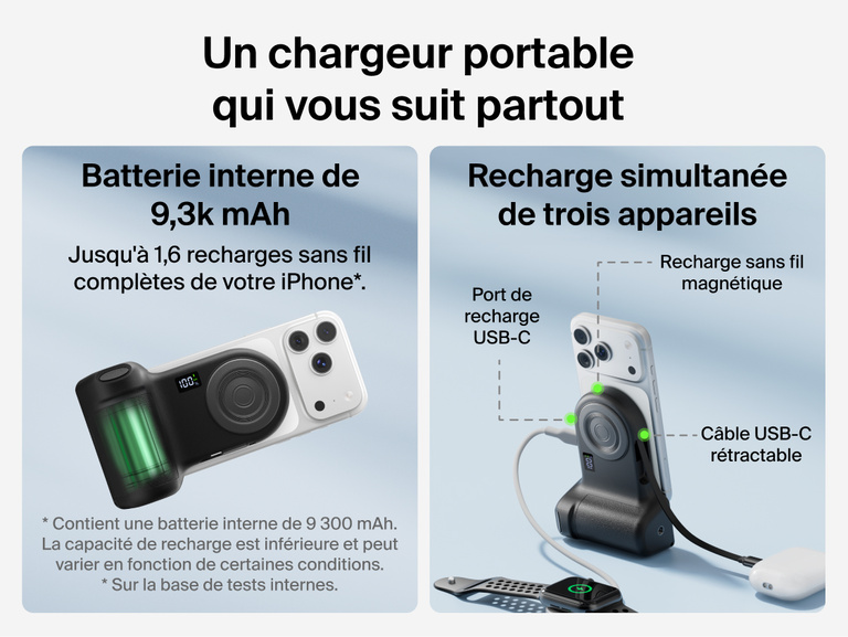 Belkin Stage PowerGrip compatibility chart showing support for iPhone 12 and later, Google Pixel 10 and later, USB-C devices like AirPods and Galaxy, and tripods with 1/4-inch mounts.