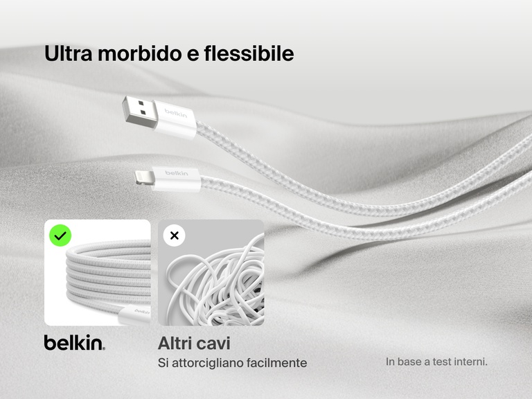 Immagine del cavo USB-A con connettore Lightning Belkin BoostCharge che sottolinea i materiali di costruzione morbidi e il design intrecciato ultra flessibile e antigroviglio, diversamente dai cavi standard che si attorcigliano facilmente.