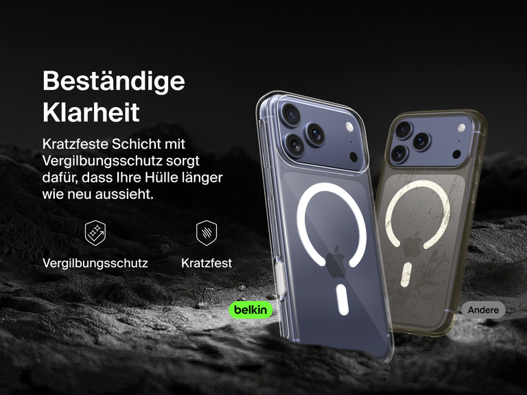 Belkin SheerForce Clear Series Case for iPhone 17 with anti-yellowing and scratch-resistant technology compared to discolored generic case.