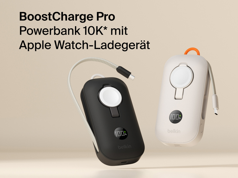 Abbildung des schwarzen und des sandfarbenen Modells der Belkin BoostCharge Pro Powerbank 10K mit integriertem Apple Watch Ladeger&auml;t und geflochtenen Kabeln.