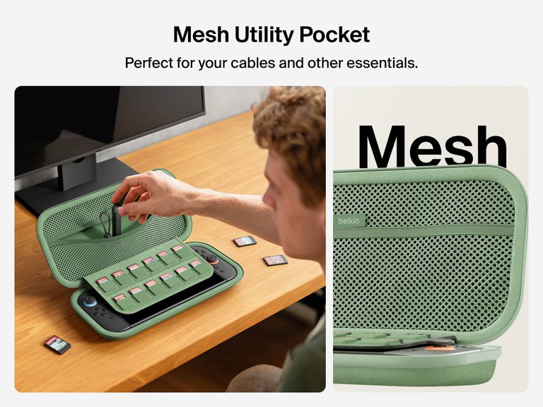 User opens the Belkin Gaming Travel Case for Nintendo Switch 2 to access the mesh utility pocket, ideal for organizing cables and small accessories alongside a 12-slot game card sleeve.