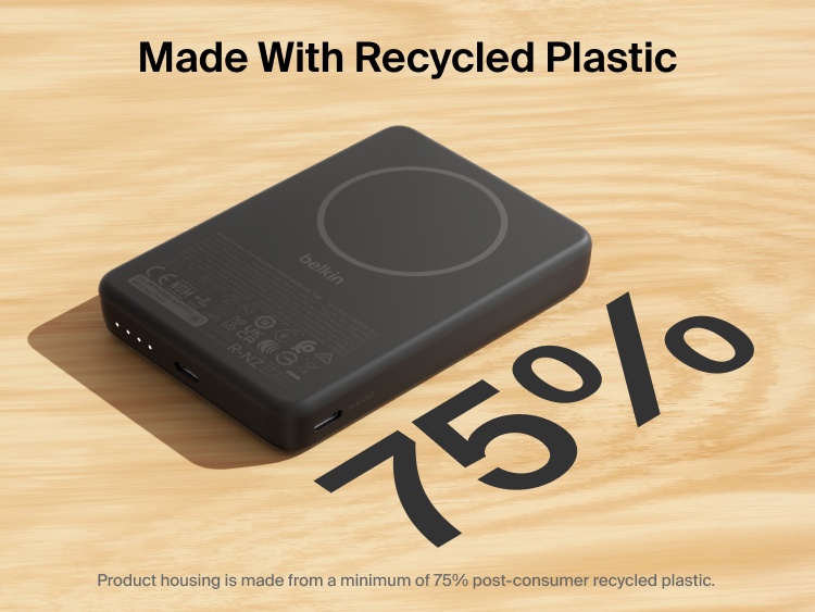Belkin BoostCharge Slim Magnetic Power Bank 10K highlighting eco-friendly design made with 75% post-consumer recycled plastic and USB-C charging ports