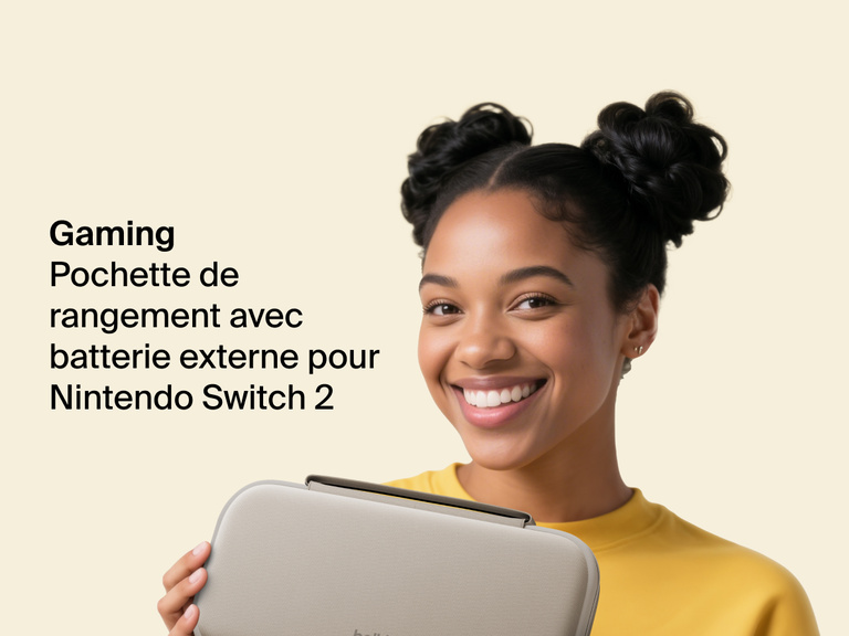 Smiling woman in a yellow shirt holds the Belkin Gaming Charging Case for Nintendo Switch 2, designed for portable protection and on-the-go charging.